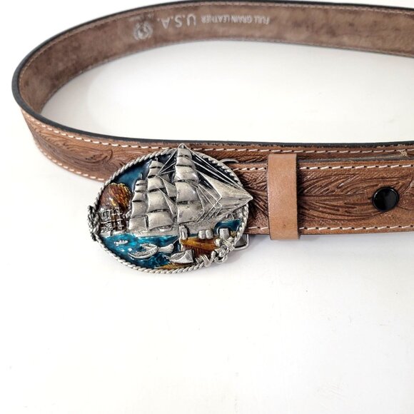 Bergamot Brass Works Clipper Ship Buckle with Tooled Leather Belt Size 40. - Picture 1 of 9